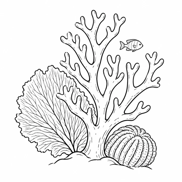The first version: a detailed reef drawing with branching coral, a veined fan coral, a ridged round coral and a striped fish.